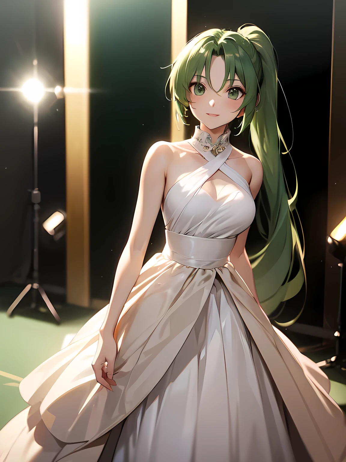 RUNWAY FASHION SHOW , Mion Sonozaki, green eyes, ponytail, chic, Luxury Fashion , Slim female model, LONG RUNWAY , The lighting is bright , gorgeous dress , Shining Background, Camera flash flashing , modern fashion show atmosphere, DESIGNER DRESS