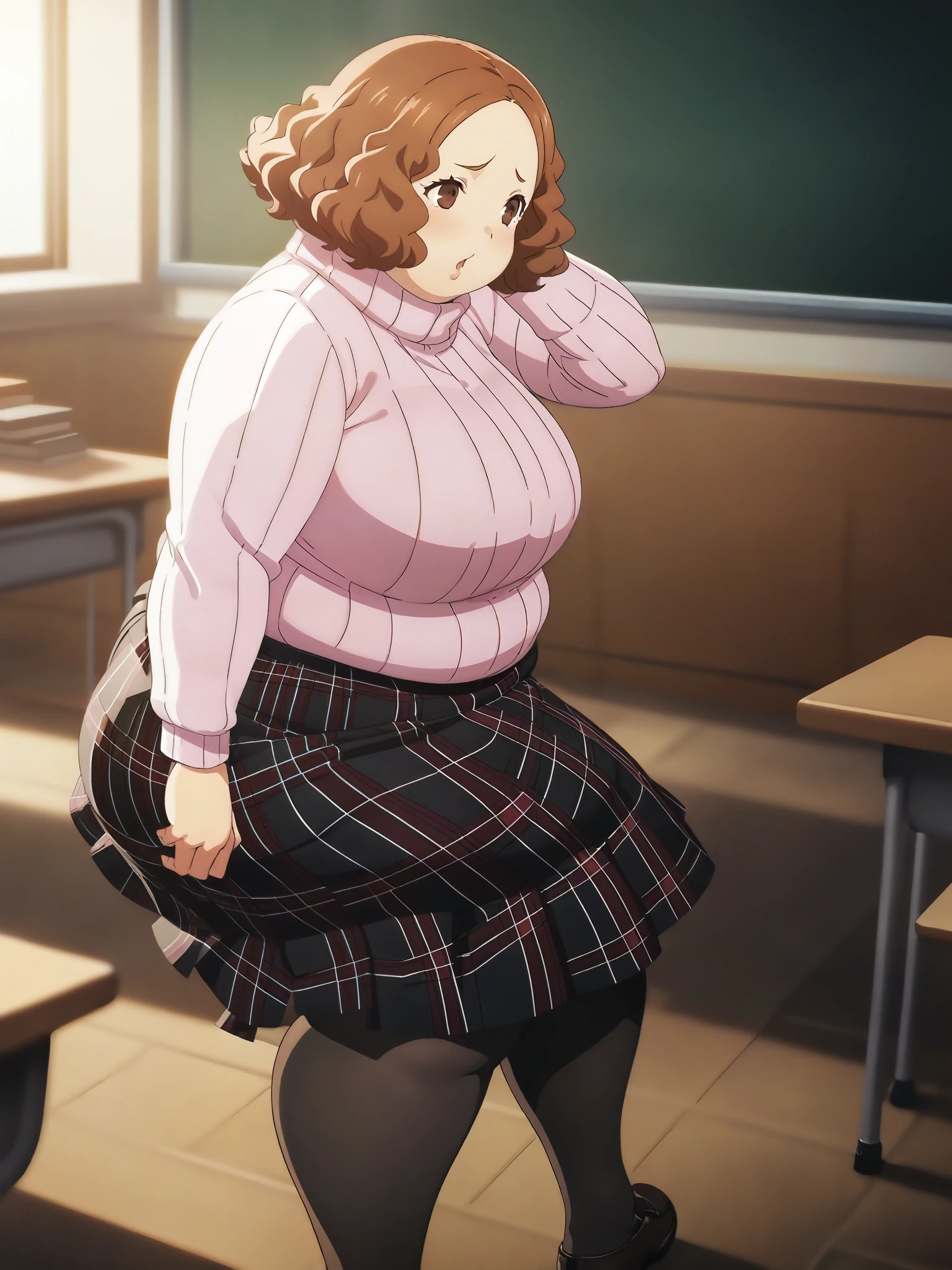 dsharu, brown hair, short hair, brown eyes, pink ribbed sweater, turtleneck, plaid skirt, white floral print pantyhose, school uniform, 1girl, solo
BREAK
classroom, blackboard, depth of field, cinematic, game cg, anime screencap, official art, masterpiece, best quality, fat, chubby, obese
