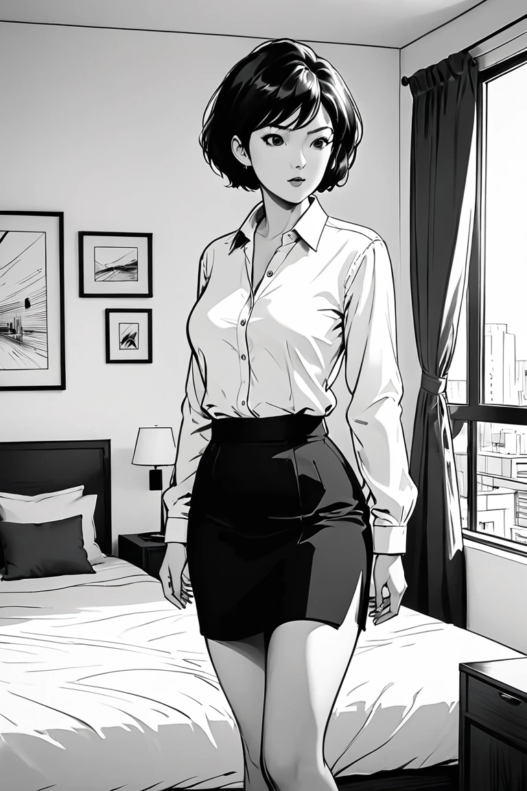 Masterpiece, best quality, manga style, line drawing, monochrome, high contrast, solid black, dynamic shadows, one sexy woman, single mother, white long sleeve business shirt, tight skirt, short hair, 30 years old, white background, sketch, apartment interior,Delicate line drawing、Fine Lines、Rough sketch