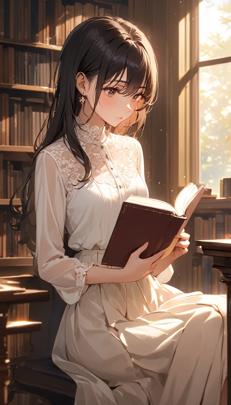 masterpiece, Long straight black hair, Ear tucked hair, Deep brown eyes, Soft and elegant expression, Subtle sorrow in eyes, Long lashes, White blouse with lace details, Cream-colored knee-length skirt, Simple and classic jewelry, Quiet and graceful posture, Calm and intelligent aura, Sitting in a warm lit library, Holding a book with focus, Soft sunlight streaming through large windows, Surrounded by old books and shelves