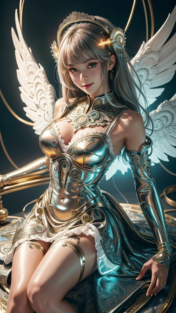 Hello, IA! Please create a creature of light, a beautiful angel of light, a magical spirit of light, is a character full of a sense of justice and divine power, she is usually depicted as a beautiful female angel with wings and long hair, wearing a shining white robe and golden armor, gentle eyes, beautiful eyes, the image of the royal sister angel is very beautiful and noble, her face is usually depicted very soft, pure and elegant. Her divine power is also very powerful and is often used to protect and help those in need. Explore your creativity and depict this mysterious and fictional creature. Use vibrant colors, unique shapes, and fun textures to make your images unique and engaging. I am glad to see your artistic interpretation of the whole body, light, random dynamic poses, shining halos, beautiful and noble angels, magical light magic, perfect spell casting, blessing prayer,