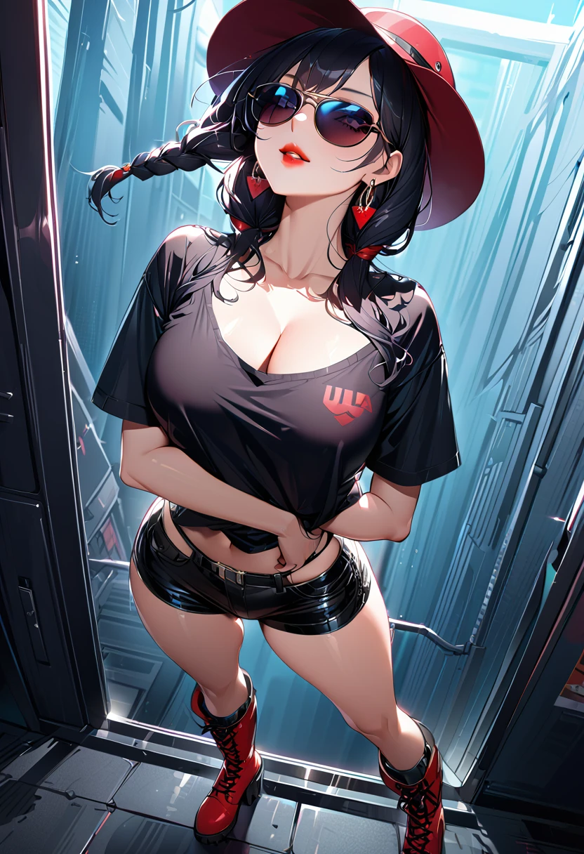 ((ultra detailed, 8k, high res, masterpiece)), (Highly detailed face), ((detailed look:1.8)), (A detailed face, edgy), Teenage girl, One woman, full body, beautiful woman,  (fair skin, full makeup, False eyelashes), black hair, braid hair, seductive smile, evil grin, ((sunglasses, hat, earrings)), (Very large breasts), (Oversized T-shirt, short pants, boots), Bright red lipstick, Emphasize cleavage:1.3, cowboy shot, high angle:1.5, looking up, seductive pose