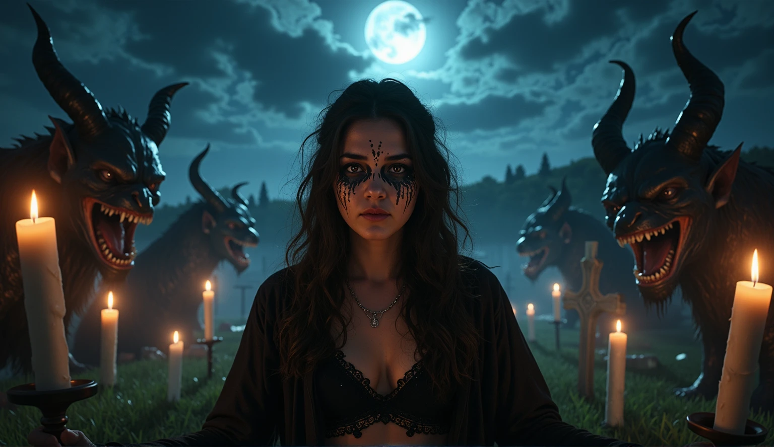 Female wizard, very detailed wizard, Wiccan makeup. The hideous beasts looks very angry and ready to cause chaos, DEVIL SPAWN. Halloween, cemetery, candles, sharp light and shadows, night, etherial mist, moonlight, horizon, panorama, ray tracing, DSLR, UHD, 8k, photorealistic, masterpiece, award-winning