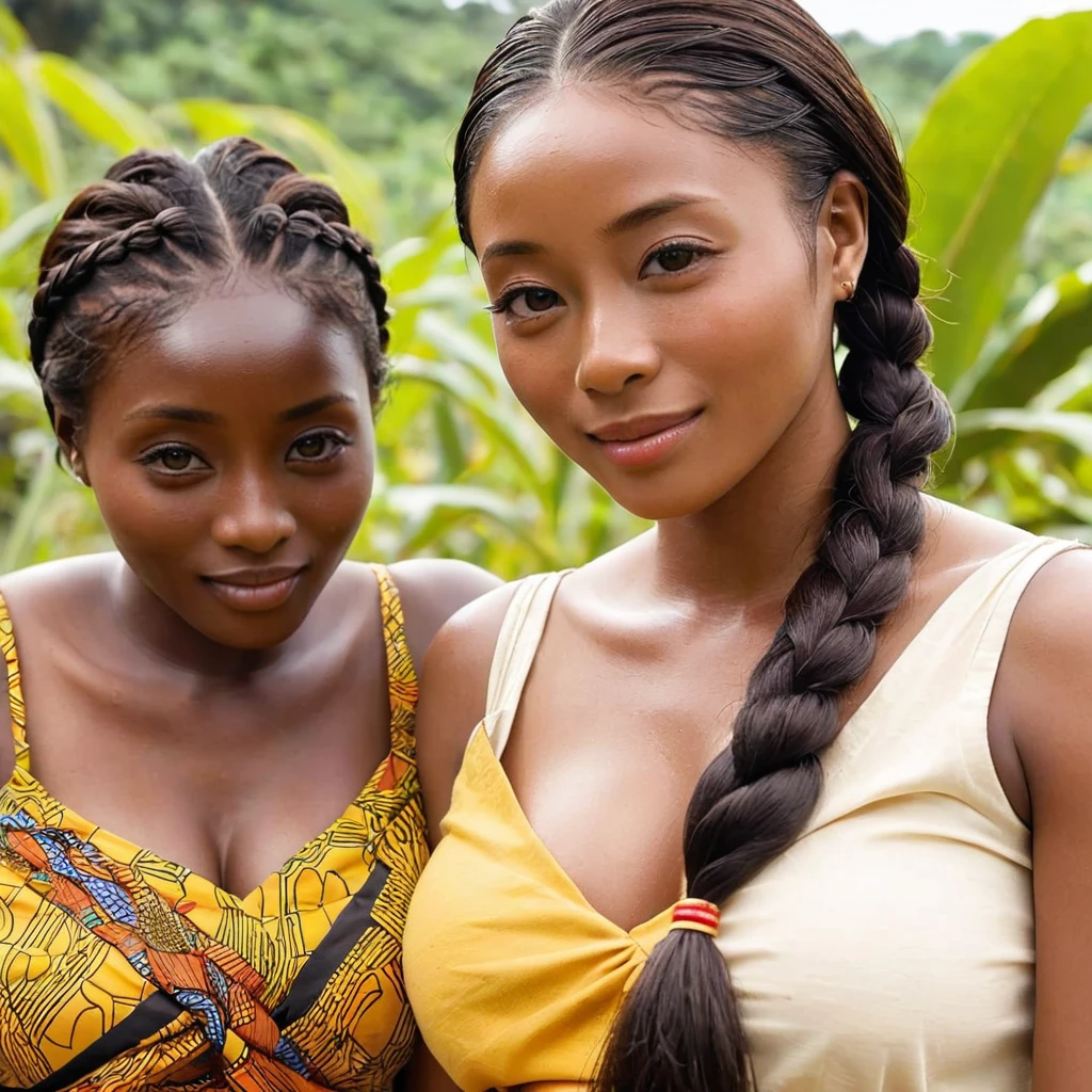 The pregnant woman has dark brown skin, Ishihara Satomi, a Ghanaian woman raising ren with women in a Ghanaian village、((Best Quality)), ((masterpiece)), ( Details), （ perfect face）, The dark-brown-skinned woman is Ishihara Satomi, a Ghanaian with excellent proportions and big breasts, and is completely finished as a Ghanaian woman in a Ghanaian village with Ghanaian national costumes and accessories, and her hair is braided and tied、The woman is raising ren with Ghanaian village women 、A black woman with dark brown skin smiles gently 