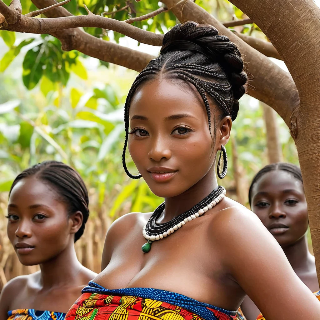 The pregnant woman has dark brown skin, Ishihara Satomi, a Ghanaian woman raising ren with women in a Ghanaian village、((Best Quality)), ((masterpiece)), ( Details), （ perfect face）, The dark-brown-skinned woman is Ishihara Satomi, a Ghanaian with excellent proportions and big breasts, and is completely finished as a Ghanaian woman in a Ghanaian village with Ghanaian national costumes and accessories, and her hair is braided and tied、The woman is raising ren with Ghanaian village women 、A black woman with dark brown skin smiles gently 