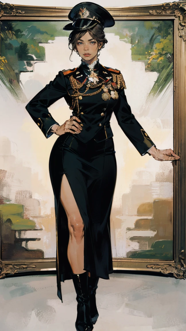 ( best quality, 4K, High Resolution , masterpiece, Super detailed, Realistic , Like the picture:1.37), Captivating Mature Woman, High military man , ( wearing a Prussian field marshal's uniform ), ( medal displayed in a majestic standing position ), ( matching pencil skirt ), Prussian field marshal's hat , Black Stockings , Very Boots, Chestnut Hair, elegant chignon hairstyle , black with the , focuses on the intricate details of her uniform {x} This full body portrait captures her overwhelming presence and power, Double breasted jacket , her numerous medals , and her intense gaze , image evokes an aura of experience , discipline , and supreme authority , against the background of an impressive military headquarters ,