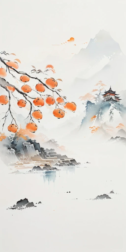 there is a painting of a tree with oranges on it, chinese watercolor style, chinese painting style, chinese style painting, japanese style painting, traditional chinese painting, traditional chinese ink painting, chinese ink and wash painting, chinese landscape, chinese ink painting, traditional chinese watercolor, chinese painting, japan watercolour, chinese brush pen illustration, traditional japanese painting, sumi - e art