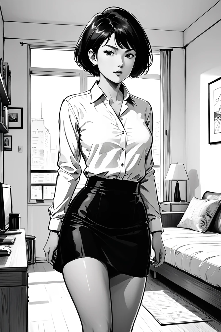 Masterpiece, best quality, manga style, line drawing, monochrome, high contrast, solid black, dynamic shadows, one sexy woman, single mother, white long sleeve business shirt, tight skirt, short hair, 30 years old, white background, sketch, apartment interior,Delicate line drawing、Fine Lines、Rough sketch