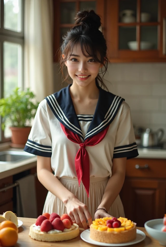 A neat and clean high school girl2people、(school uniform、Sailor suit、Ribbon tied on chest、Summer clothes、The upper body is white、The skirt is navy blue)、Outside the stadium、(slim)、Realistic、detailed, Skin Texture, 超detailed、Delicate and sexy collarbone、A sloppy smile、スーバーdetailedな顔、detailed唇、detailedな目、Small breasts、Small breasts、、Small breasts、Flat Chest、Emphasize the chest、Bright Face、((Are standing、Her white panties are visible under her skirt、Lift the hem of your skirt slightly with both hands.,,))((Naked and wearing only a white apron、Naked sexy white apron))、Short hair with bangs、Straight Bob Hair、、Angle from above、12 years old