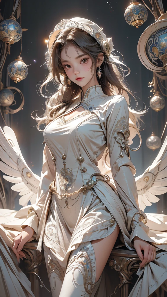 ((RAW Photos)), ((masterpiece)), Anthropomorphic humanoid angel girl in white royal robes, Intricate details, running, A complex Greebles piece, Sky Behind, pink, Beautiful Wings, Fine eyes and lips