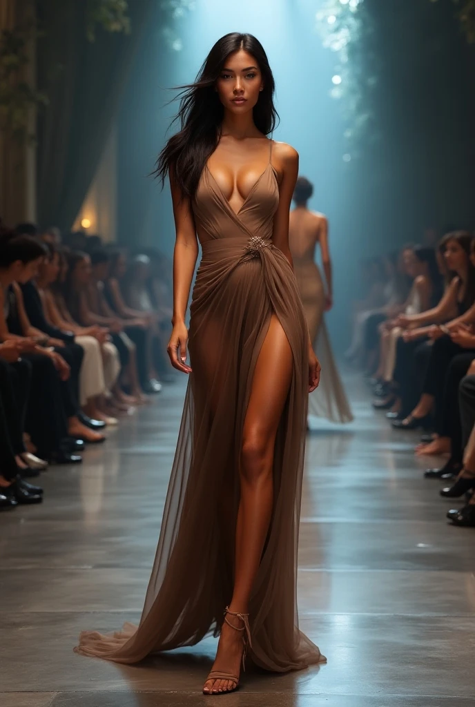 (Goddess-like happiness:1.2), kpop idol, cabelos magros, flutuantes, ,near shot, (foto RAW:1.2), (fotorrealista:1.4), (obra-prima:1.3), (detalhes intrincados:1.2), A stunning supermodel stretches across the runway with confidence and poise. Her long legs carry her effortlessly down the walkway, and his graceful movements captivate the audience's attention. She wears an elegant and stylish outfit that accentuates her curves and enhances her beauty. The fabric flows effortlessly as she moves, creating a mesmerizing visual display. Ao chegar ao final da passarela, ela faz uma pausa