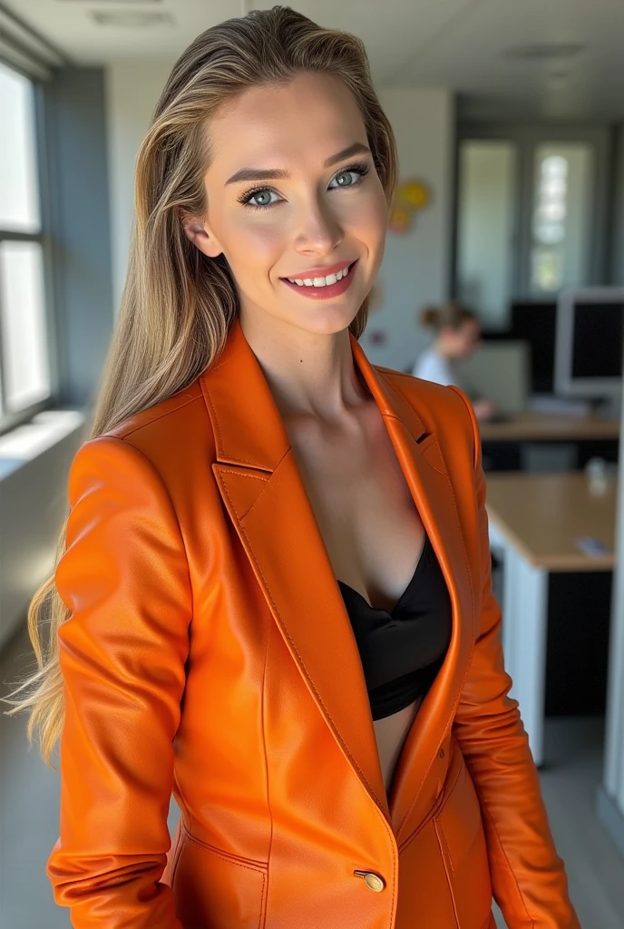 Bebahan, a beautiful female business executive wearing an orange leather Armani business suit with a open black buttondown shirt, wet slicked back blonde hair, strong seductive makeup, bedroom eyes, cinematic lighting, a corporate photography, top executive office in the background, godrays