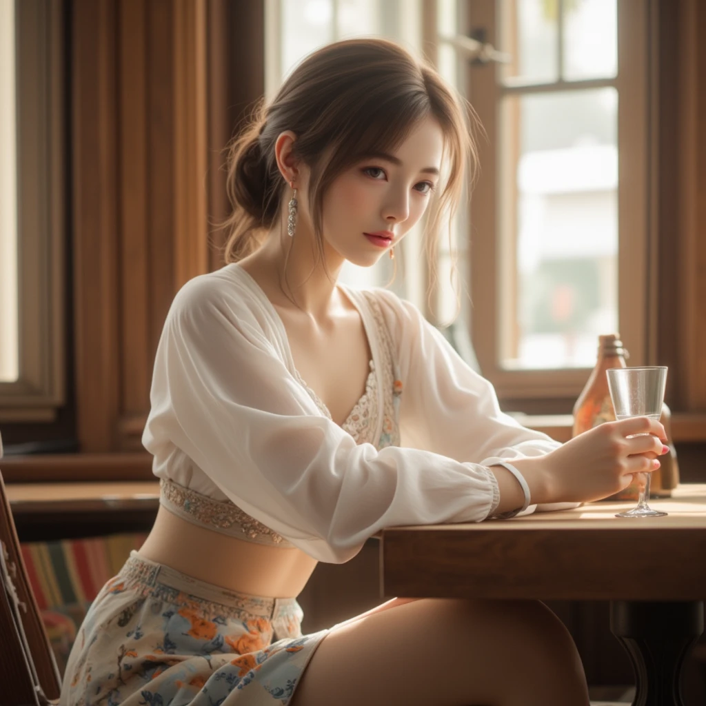 Scene Description: "A graceful woman sits at a wooden table near a window, dressed in a white blouse with puffed sleeves and a floral patterned skirt. The blouse is made of light, airy fabric, gently flowing at the sleeves, while the skirt features a detailed floral print with shades of blue, orange, and beige, creating a soft contrast against the natural lighting. She holds a glass in one hand, her posture relaxed and thoughtful, as the sunlight filters softly through the window, casting a warm, serene glow over her and the surrounding wooden interior."

Style: "Realistic, detailed floral patterned skirt, soft fabric textures, natural light through a window, delicate light and shadow interplay, casual and elegant pose, cinematic and serene atmosphere, accurate reproduction of clothing patterns."