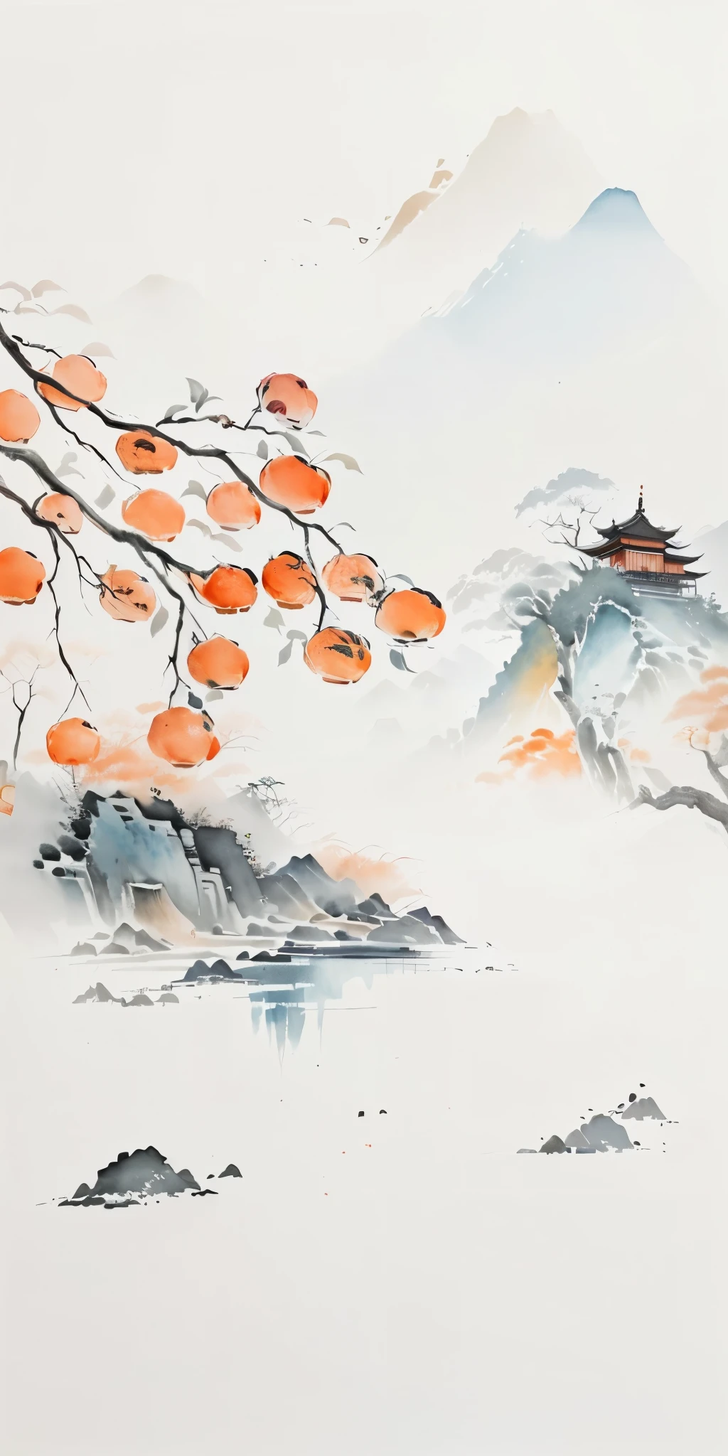 there is a painting of a tree with oranges on it, chinese watercolor style, chinese painting style, chinese style painting, japanese style painting, traditional chinese painting, traditional chinese ink painting, chinese ink and wash painting, chinese landscape, chinese ink painting, traditional chinese watercolor, chinese painting, japan watercolour, chinese brush pen illustration, traditional japanese painting, sumi - e art