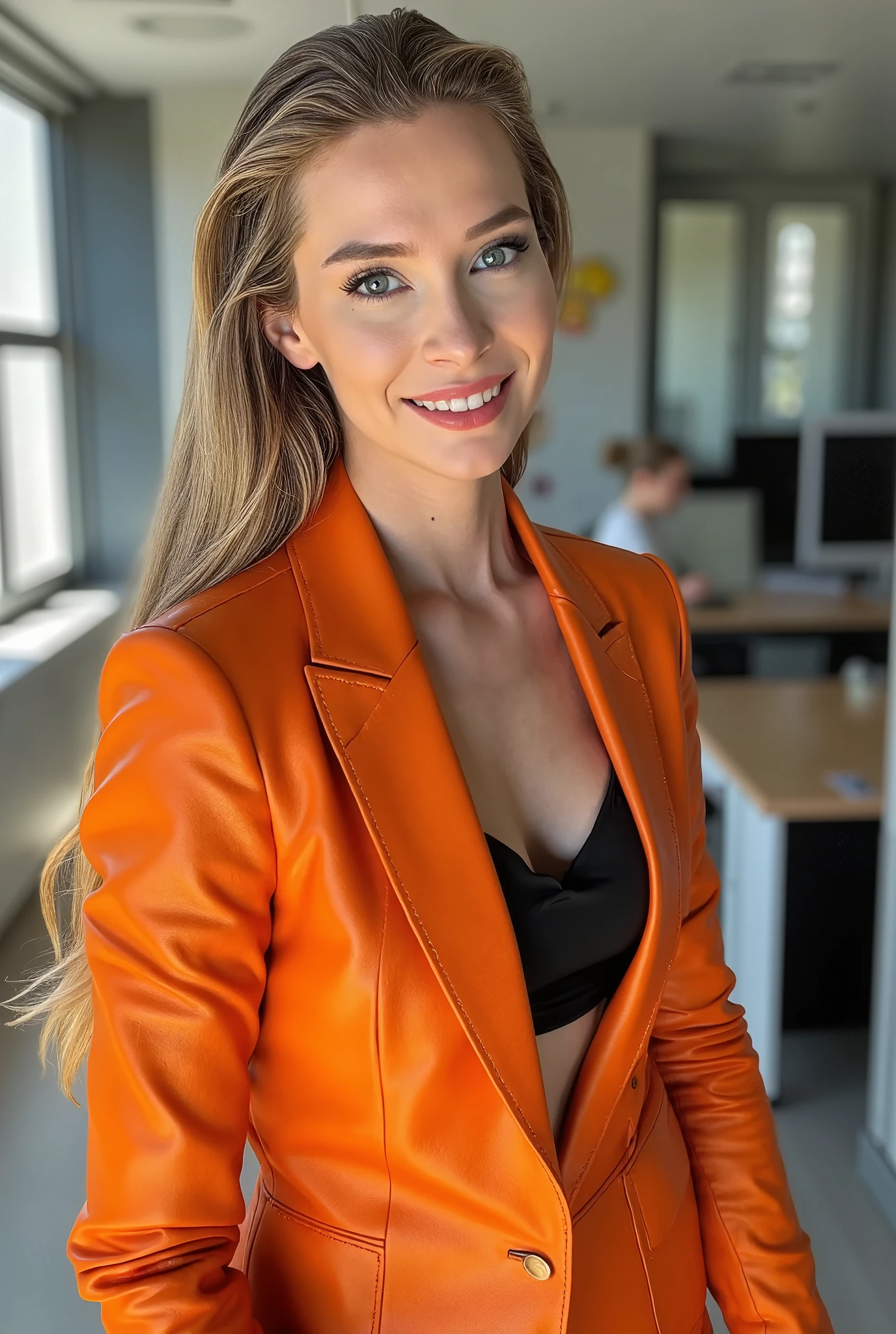 Bebahan, a beautiful female business executive wearing an orange leather Armani business suit with a open black buttondown shirt, wet slicked back blonde hair, strong seductive makeup, bedroom eyes, cinematic lighting, a corporate photography, top executive office in the background, godrays