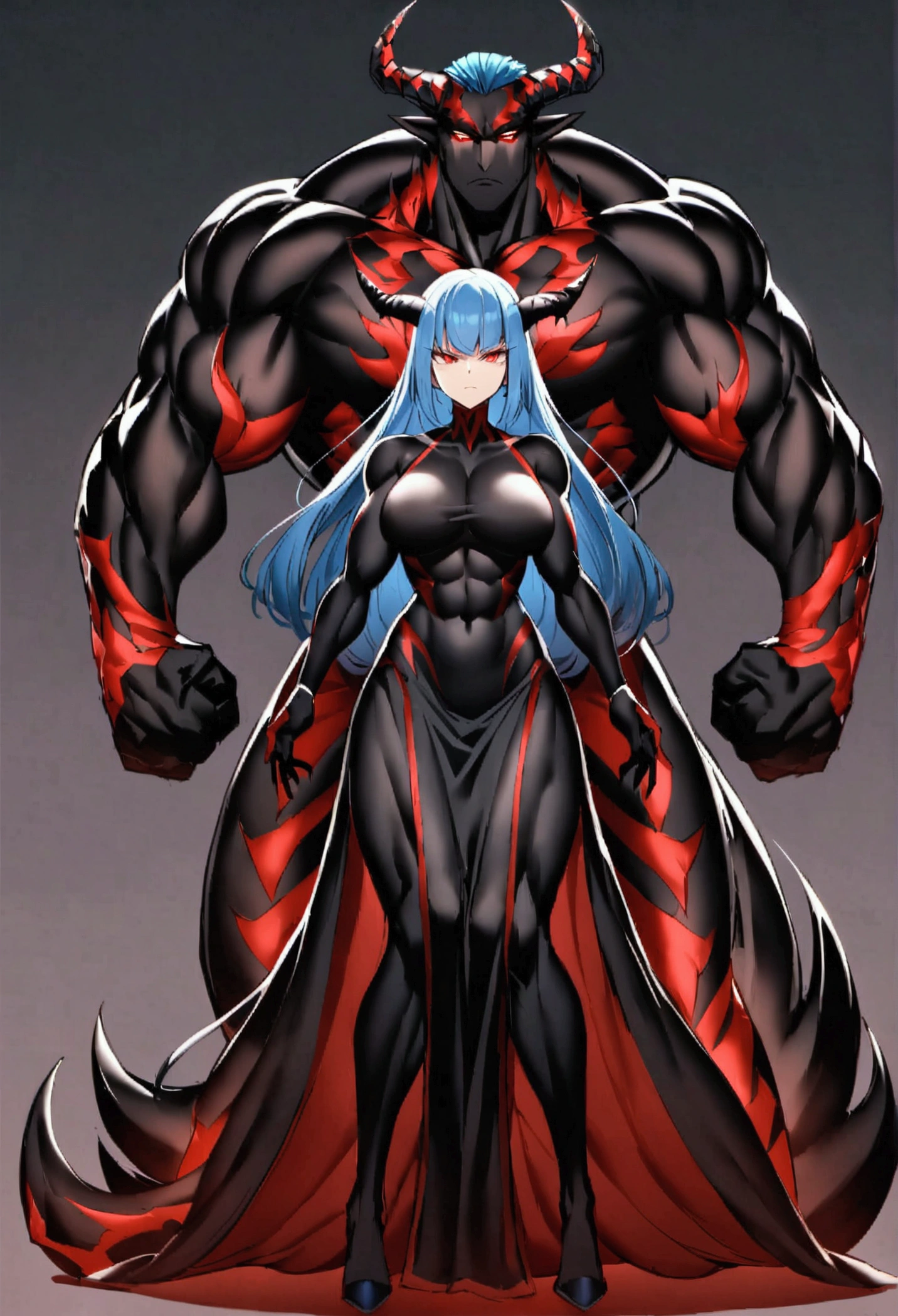Create a woman with long blue hair, Dark Horns, Eyes red, tail with dark scales, his entire body is covered in darkness with red details, she has a serious face, and athletic and muscular body but normal medium breasts covered in darkness, make her with a defined and muscular but normal body, make her more powerful