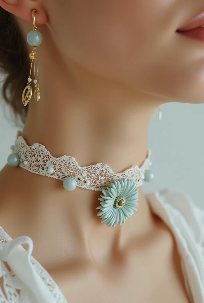 Simple lace necklace ， with a few aquamarine pebbles on it，There is a white line on it， with smaller pebbles ， and waxed fine stone gravel thread 
