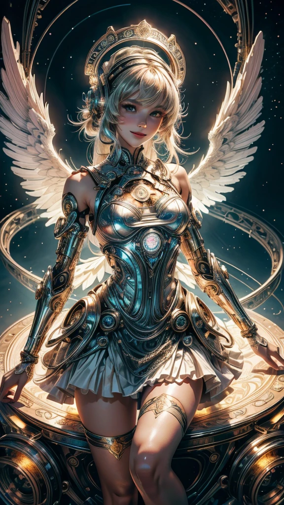 cyborg, girl, beautiful girl, cute, sexy, strong, thin, delicate, smile, (Lolita Costume), High Leg, metallic, Ultra Color, Paisley, headgear, Mandala, Near future, heaven, Angel, Fater, wing, Helix lamp