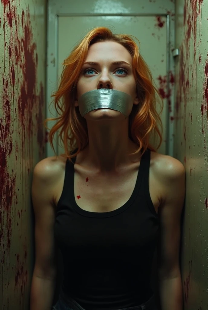 Photo realistic, girl, 18 years, arabic, skinny body, dark red hair, extra large breasts, small waist, very huge ass, topless, dungeon in backside, spread legs, hairy armpits, wearing overknee boots, back to camera, rope around neck, hanging from the ceiling, blood on belly, head hanging down, eyes closed, looking dead, shot from below, wide angle