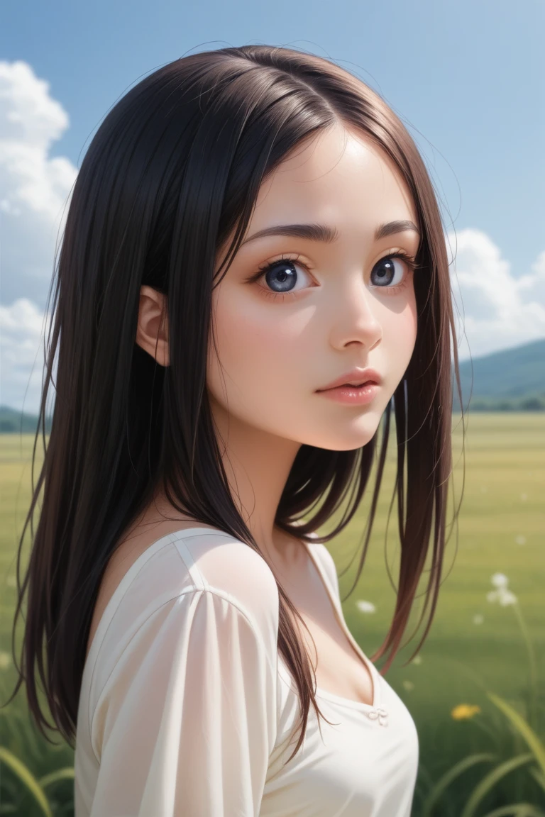 score_9, score_8_Excellent, score_7_Excellent, Realistic:1.5, realistic face and eyes:1.6, Realistic skin:1.7, Realistic, masterpiece,  best quality, Realisticな顔と目, Realisticな肌, girl,  Japanese女性,  Japanese, Japanese women, 21 years old, Big Eyes, Small Nose, Long black hair, Slender, Long limbs,  Hair Fluttering in the Wind , One-piece dress, Clothes fluttering in the wind, blue sky, Grassland Background,  High Resolution , 全身photograph, photograph_Light, Detailed face, Detailed eyes, Detailed skin, Urzang-6500-V1 .1:0.8