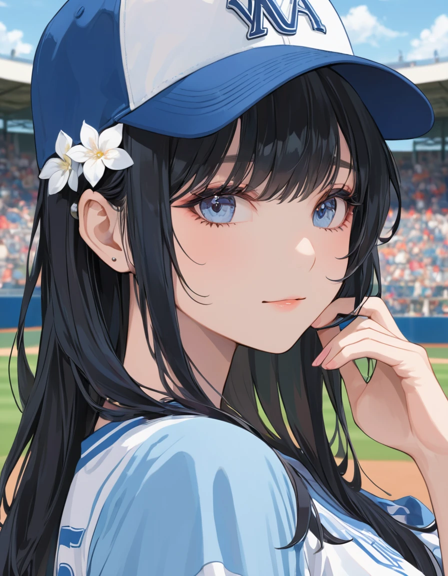 Midsummer Stadium Baseball Black Hair Girl。, (peaceful face),sHe is wearing a light blue baseball shirt with a summery blue and white look.、Baseball Cap、Vision、Visionのスタジアム、