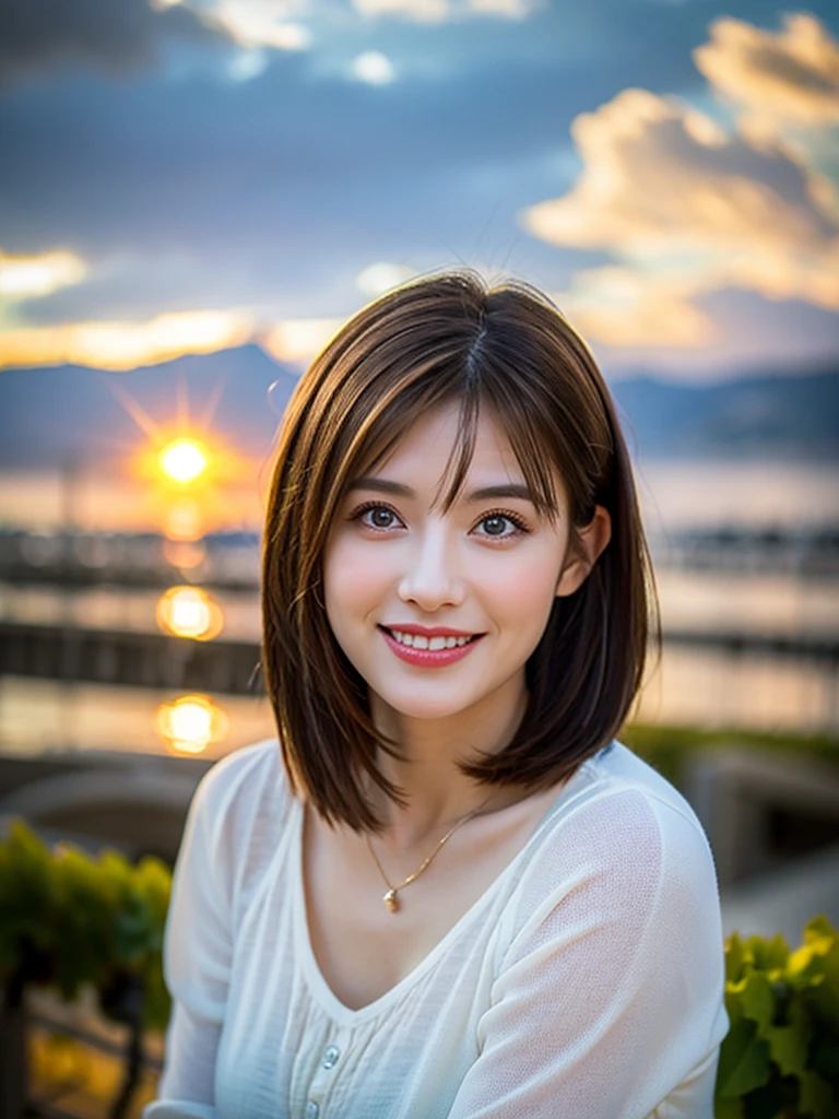 ((White Wine)),((Wine Glasses)),(Realistic, 超Realistic:1.4), 16K HDR,  High Resolution ,((White Wine)),((Wine Glasses)),Happy smile、short hair,The best smile、Japanese actress, so beautiful(It looks like the real thing),dress、Slim couple、Model Couple、(Realistic,    complicated details  :1.2), Amazing view of the sunset sky and clouds,  dslr camera ,  soft lighting ,    detailed background , Use Volumetric Lighting, Sharp focus, super Realistic 肌, so beautiful表現です,Cloud Effect:1.2、プロ品質の High Resolution 、 best quality, slim figure,High quality face,Detailed eyes,Beautiful Lips,Excellent light particles,Cinema Lighting,blue eyes,(RAW Photos), (Realistic), (masterpiece), ( best quality),  High Resolution ,  (   complicated details  ), (Volumetric Light), Portrait,  Layered Hair , Brown Hair,   beautiful eyes, Happy smile, (Thick lips), (Watch the audience), West Shot,