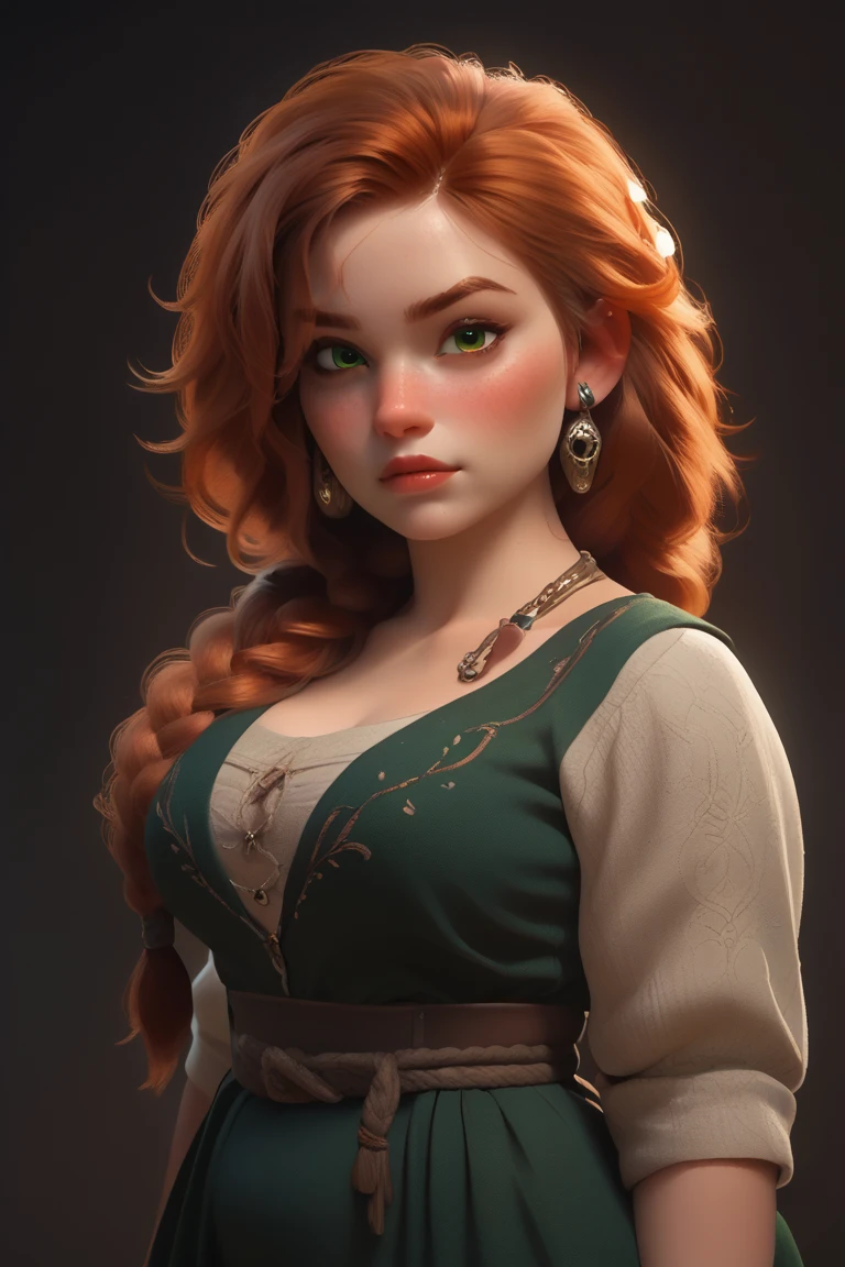 beautiful ginger ((dwarven woman)) in her 30s, with green eyes and striking features, exuding maturity and allure in a seductive pose.(dark-red background),(dwarf) female ,((curvy)), ((thick)), chubby , (((short hight))) , ( small),i, beauty, ginger braided hair, thicc,mature female, plump, 1.5M, short, small size,