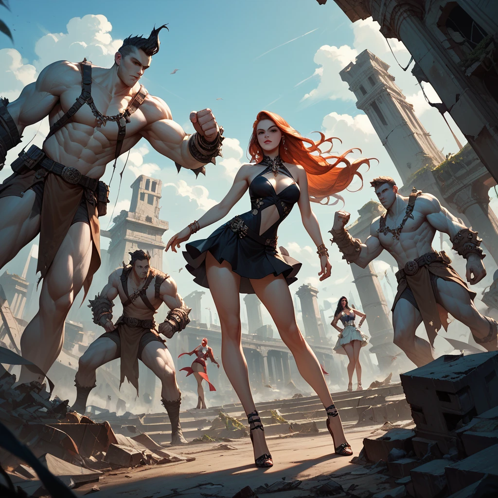 
A beautiful face white skin female with long hair in pretty dress with armory, with twin pistols,
Beauty legs, short dress skirt,  high heels, 
fighting against monsters on the ruins of an apocalyptic Bangkok city. High detail,  high definition, scifi theme 