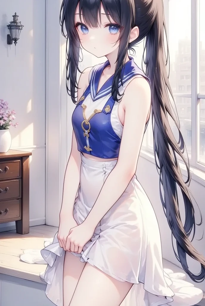 xp-tan, ass focus ((masterpiece)), ((best quality)), (ultra-detailed), ((extremely detailed)), 4K, (8K), 1girl, solo, (perfect anatomy:1.4), (five fingers), , (beautiful detailed hair), (((world-class quality))), photorealistic, extremely detailed, high resolution, (detailed shaded pretty face), (mature lady), (beautiful detailed eyes), ((glowing detailed skin and hair)), white-skinned, shiny skin((((gleaming skin)))), shiny, sagging breasts, ass BREAK ,xp hair ornament, detached sleeves,  blue skirt, thighhighs BREAK,,