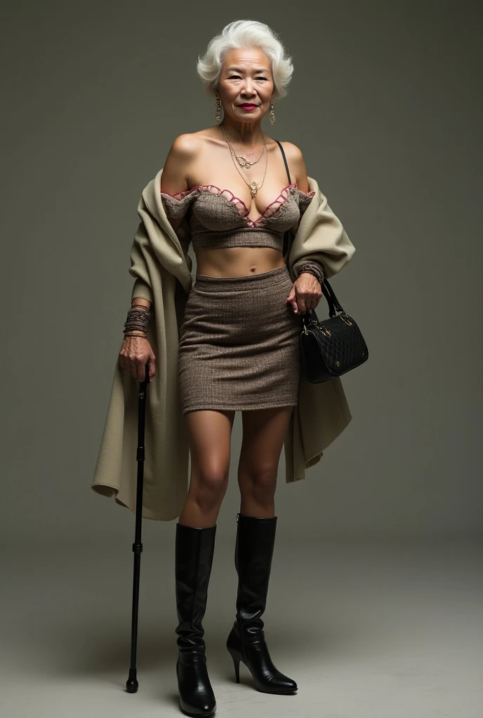Japan 100 years old old woman aging elderly person aged face gal to off-shoulder、Micro Mini Skirt、Grandma in thigh-high boots