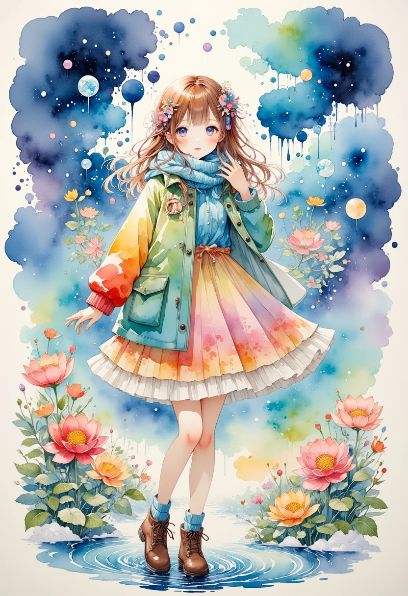 (masterpiece,  best quality:1.2),  watercolor style, 1 girl, Girls in winter clothes , it's snowing , fantasy,Beautiful as a dream