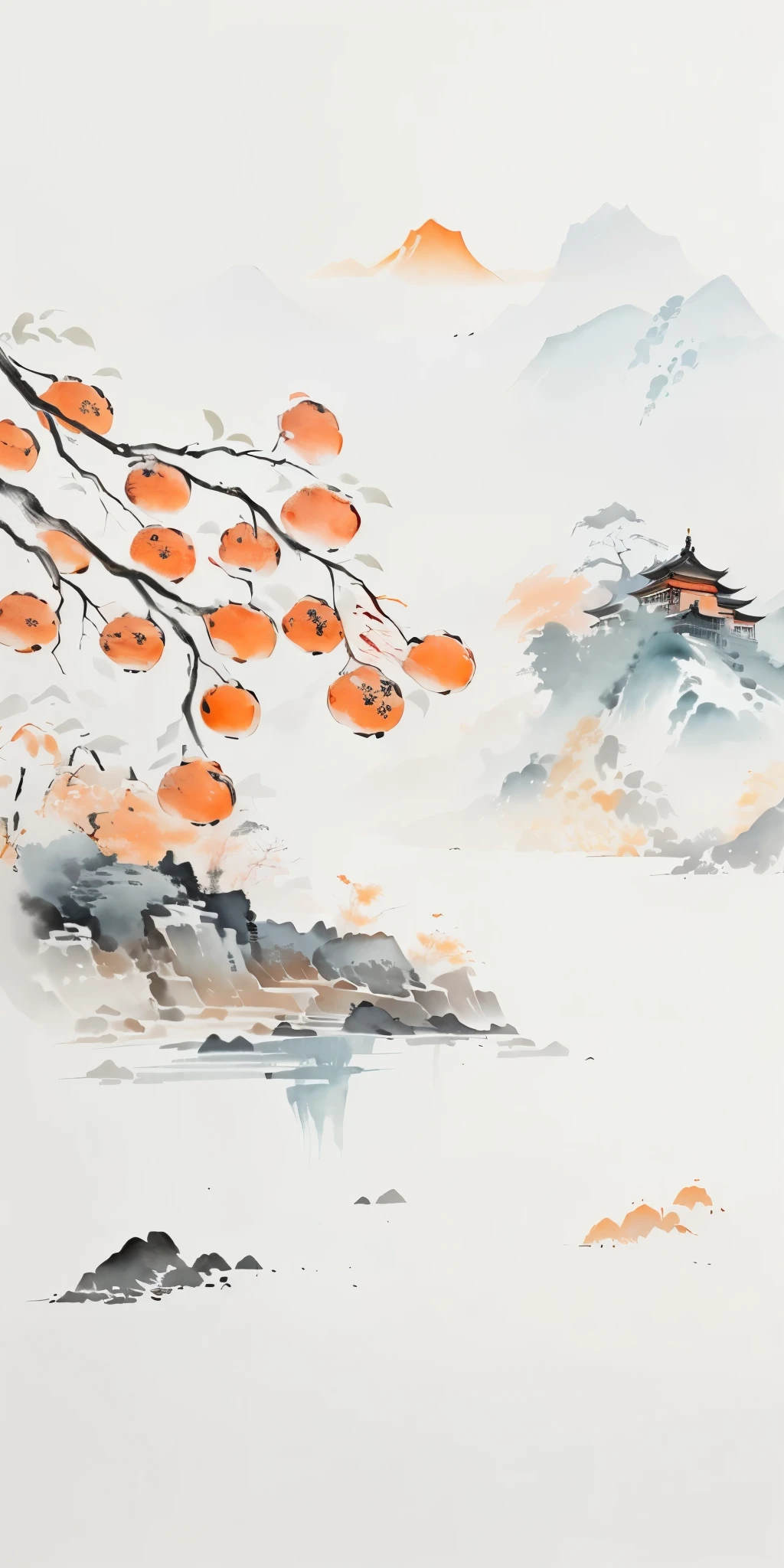 there is a painting of a tree with oranges on it, chinese watercolor style, chinese painting style, chinese style painting, japanese style painting, traditional chinese painting, traditional chinese ink painting, chinese ink and wash painting, chinese landscape, chinese ink painting, traditional chinese watercolor, chinese painting, japan watercolour, chinese brush pen illustration, traditional japanese painting, sumi - e art