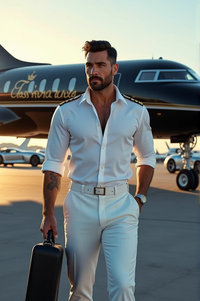 masterpiece, best quality, face, natural eyes, 1man, solo, big feet, black socks, full body, (in suits), large bulge, long legs, looking at viewer, 30 years old, muscled and mature, pilot, pilot in uniform, short haircut, blue eyes, topless, shirtless, open chest, eight-pack abs, sexy,