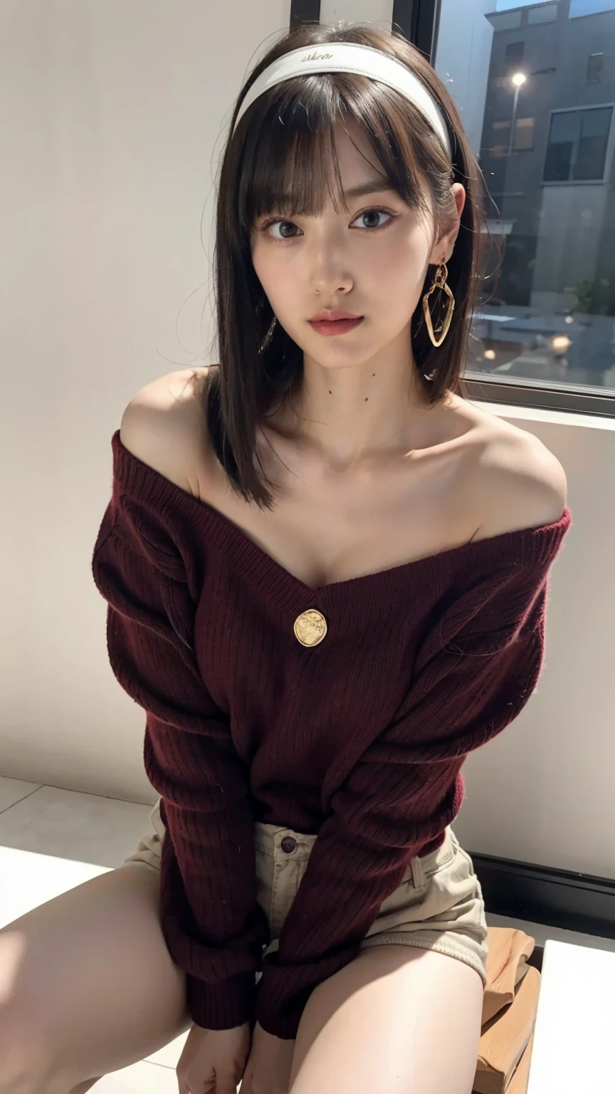 hight resolution、​masterpiece、1girl in、Bjorf、A dark-haired、short hair with long locks、white hairband、Look up、Kamimei、bending forward、Bring your face closer、Red Eyes、Gold Earrings、Jewelry、off shoulders、Red Sweater、long-sleeve, ((look at viewer)), Large breast:1.3, open shoulder, (pale skin:1.2), (long hair with bangs), ((skinny legs, slim body)), ((Height 165cm))