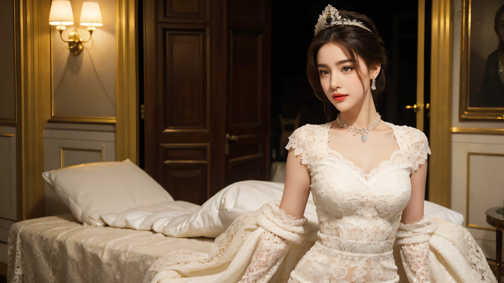 (Canon RF85mm f/1.2), (8k, RAW photos, Best quality), (Masterpiece), (realistically, photograph realistically), (Special details, High Detail, Best image quality, Superb details, High resolution, Very detailed, Very detailed description, ภาพวาดHigh Detail, An extremely delicate and beautiful work), Beautiful girl with beautiful details, solo girl, ((Perfect figure)), Very detailed eyes and face, White skin, Noble Beauty, ((Fine texture, Porous)), Perfect anatomy, Beautiful and detailed throughout the body, Delicate face, (Slim belly, Thin waist, Big hips), (Big Breasts, Bloated chest), (Segregation:1.3), (Lovely eyes, Eyes full of emotion, Glowing eyes), (Beautiful and clear eyes), (bouffant tie hair up), (be happy), (Fascinating expression), (Attractive appearance), ((luxury long lace dress:1.3)), (Crown Jewel Gear), (Diamond necklace, diamond earrings), ((view out high palace at midnight, moonlight)), Physics-based rendering, แสงสว่างที่realistically, (((Body from the thighs up))), ((Looking at the audience:1.3)), ((Standing)), ((Hands hidden behind the back)) The hotel atmosphere is luxurious and magnificent.
