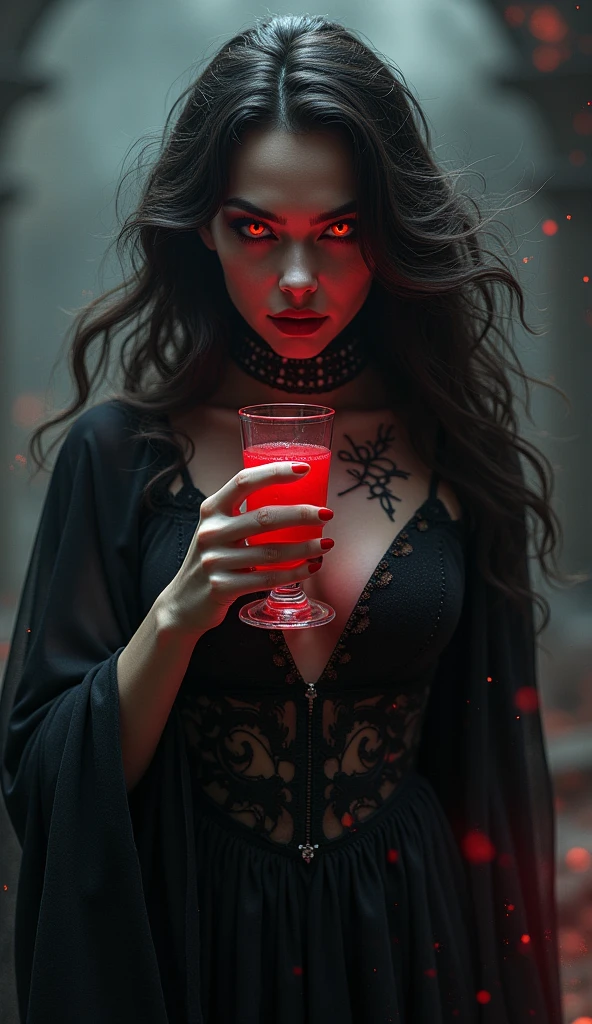 create a woman with evil eyes of a scary yellow with a black leather outfit holding a chalice of blood with the words: superb