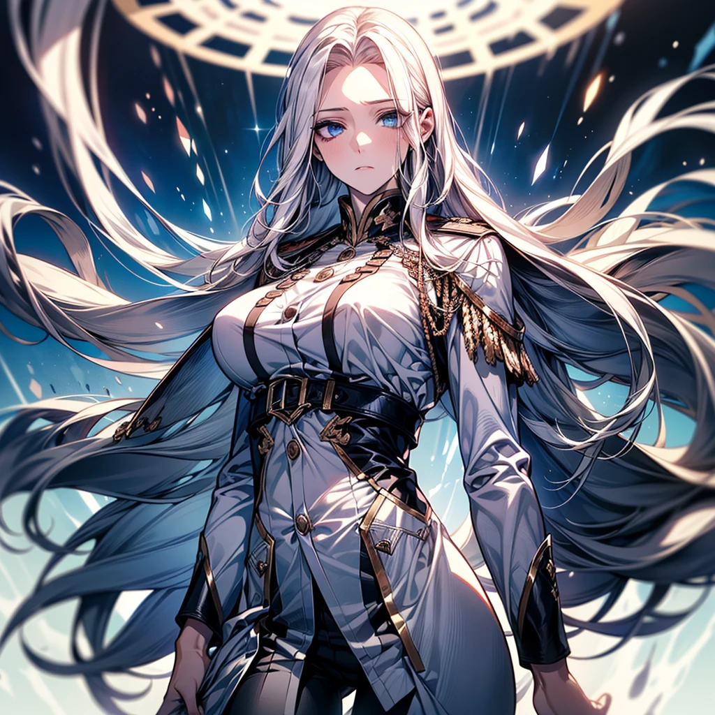 ((best quality)), ((masterpiece)), (detailed), beautiful young woman, royal and well defined facial features, alabaster white skin, oval shaped face, starry pink lips, starry pupiled eyes, sleek and wavy two tone astral colored hair, slim thick athletic build, D-cup breasts, slim waist, large round ass, medium height(165cm), modern royal fantasy setting, elegant battle dress