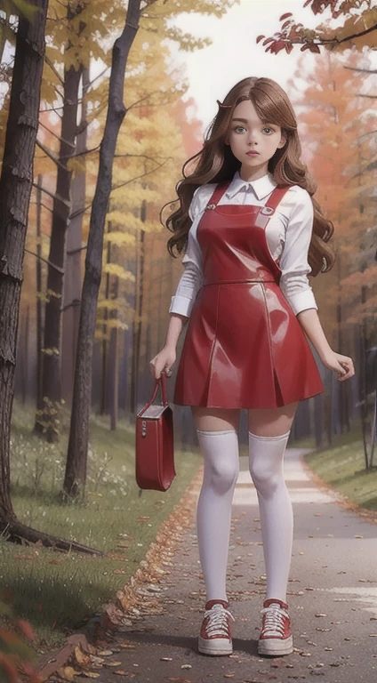   Cute young beautiful curvy schoolgirl Soviet pioneer,  beautiful cute teen face , red leather skater pinafore dress ,  transparent white blouse , brunette long hair,  beautiful eyes. stockings,  Sneakers, Soviet schoolgirl - standing in the woods ,   photorealistic , sad face, curvy figure