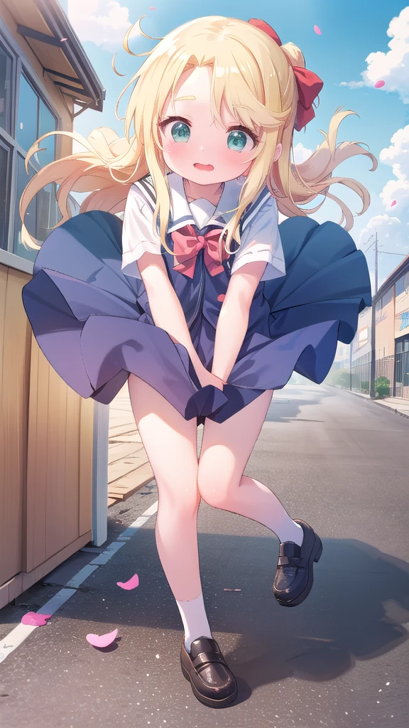  1 girl, (( get dressed, Increase in wind power,  pull the skirt)), masterpiece, Best Quality, ( Highly Detailed CG Unity 8K Wallpaper ) (Best Quality), (Best Illustration), ( Best Shadow )、(Shooting from below)、blonde、 Red hair ribbon 、()、 elementary school students、 blue uniform、 Blue Long Skirt、White underwear、(Strong Wind 1.3)、 embarrassed face、 very detailed 、 (Raise your hand)、diffused sunlight, Written Boundary Depth, Particles of light, On the school roof, Falling petals,  FACE FOCUS ,