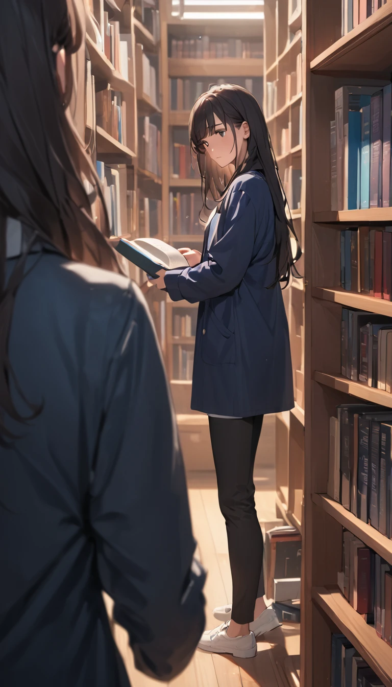 (masterpiece), One Girl, long hair, Black Hair, A woman standing by a bookshelf, looking disappointed, while someone helps her search for a book