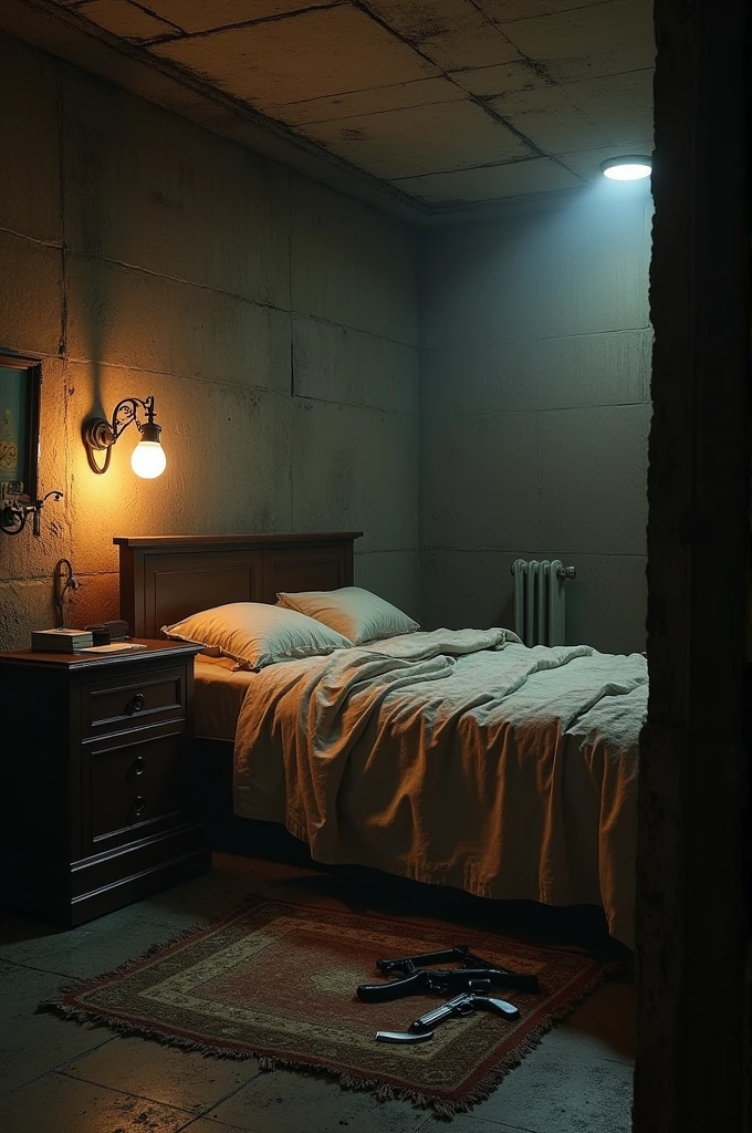 Nice, dark luxurious bedroom that has a bed and a sling, kind of a BDSM setting