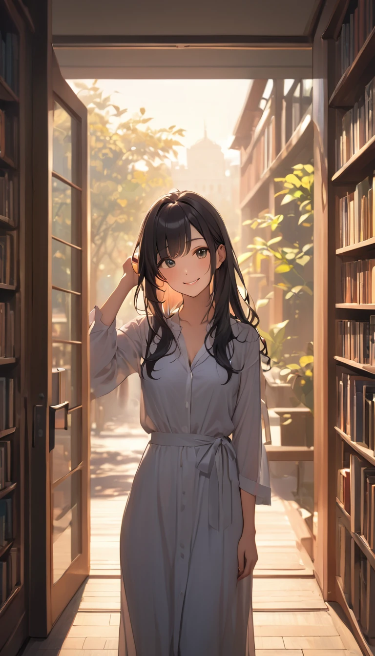 (masterpiece), One Girl, long hair, Black Hair, A woman standing at the library entrance, turning to wave goodbye, her smile gentle in the fading daylight