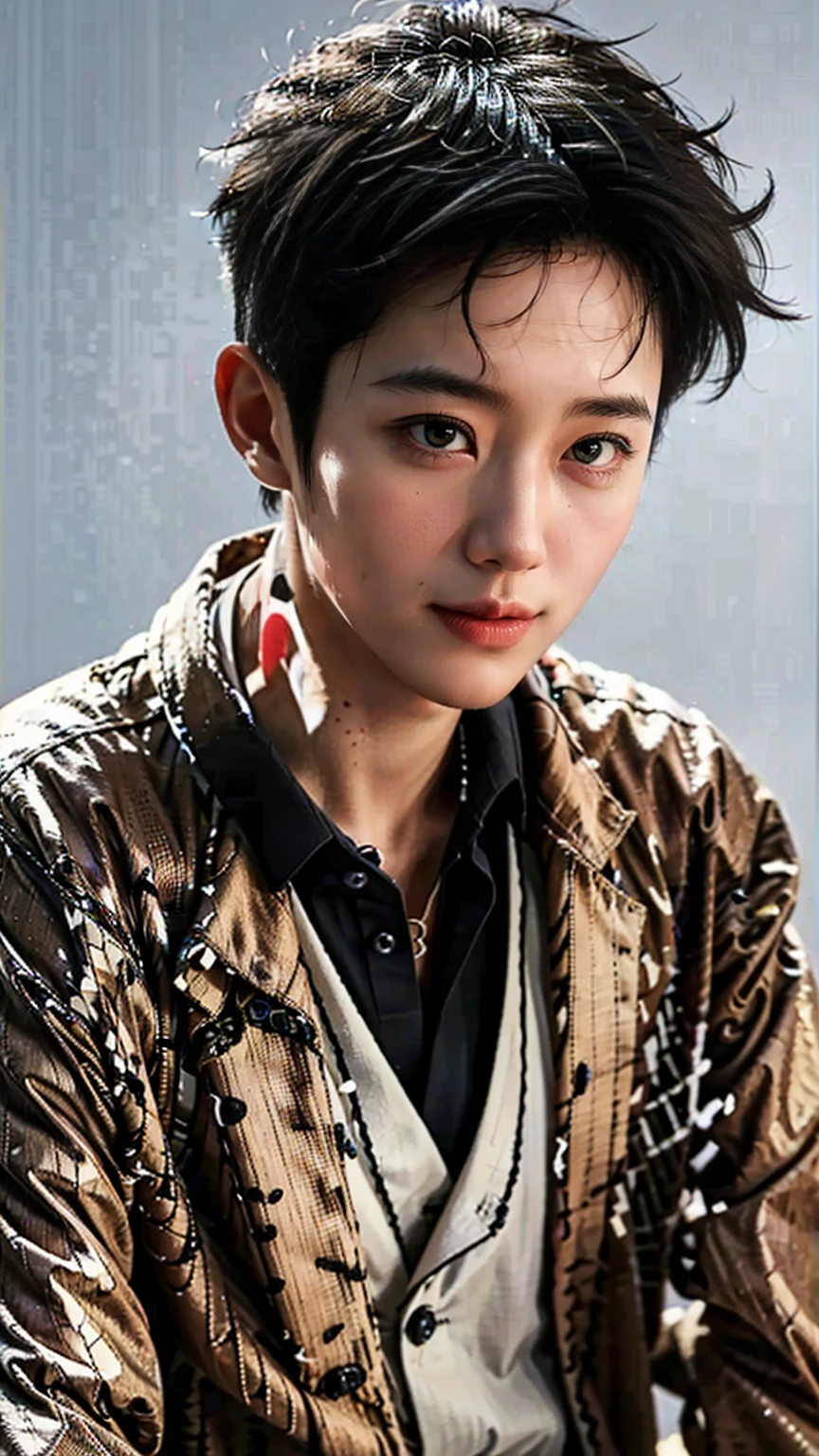 Close up of a man with black hair, red leather jacket looking to the side, city at night, movie blue lights, chiaroscuro, 8K, original, HD, stunning masterpiece, threatening smile, cute character and cute, thin, muscular man, textured skin, glowing , Asian idol, Choi Seo kun, Jimin Greek nose, Sung Yanjun, male Urzan, glowing red eyes, Kim Tae Joon.