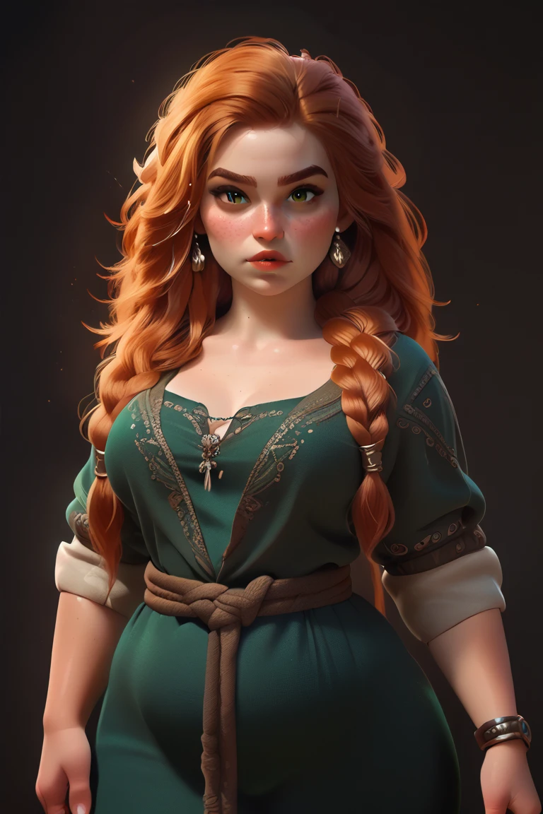 beautiful ginger ((dwarven woman)) in her 30s, with green eyes and striking features, exuding maturity and allure in a seductive pose.(dark-red background),(dwarf) female ,((curvy)), ((thick)), chubby , (((short hight))) , ( small),i, beauty, ginger braided hair, thicc,mature female, plump, short, small size,