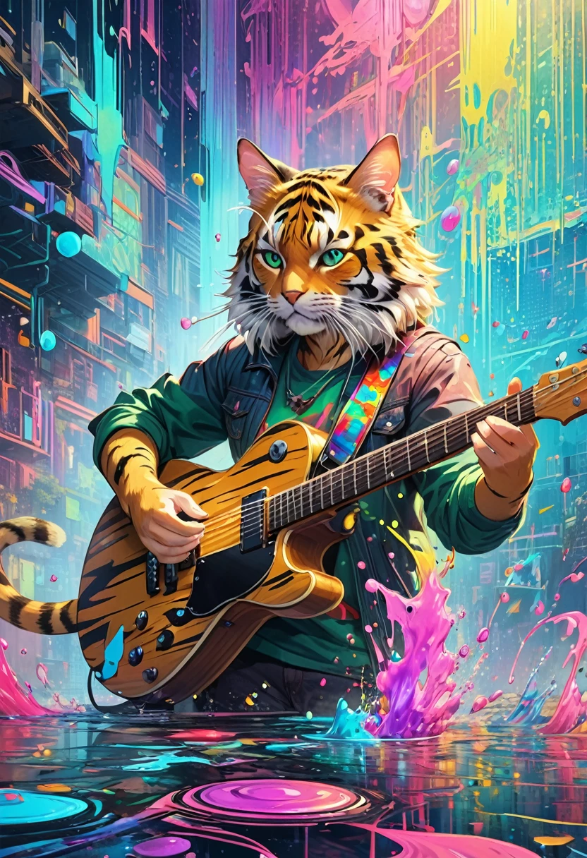 ((1 tiger cat )), colorful,Anime Style、 (dot:1.4), VERY DEEP COMPOSITION 、 rock cat playing guitar、colorfulなペイント,  splash paint , liquid, fog, Vibrant colors, matrix, hologram, Confused,  Details, 超 Details, 非常に Details, Complex, masterpiece, 8k，khd，8k resolution，masterpiece