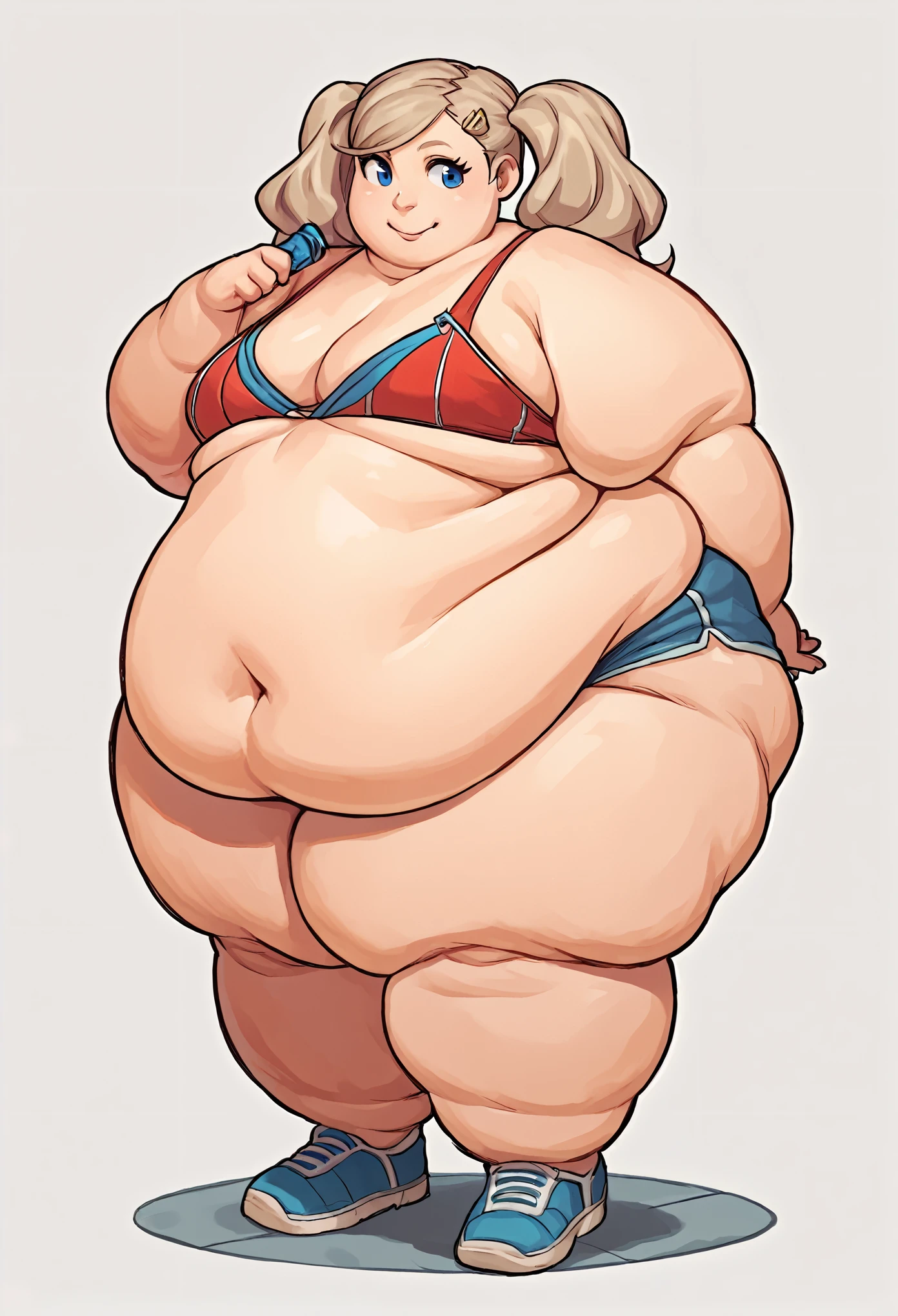 score_9, score_8_up, score_7_up, source_anime, ann takamaki, twintails, hairclip, blue eyes, smile, fat, chubby, obese, full body shot 