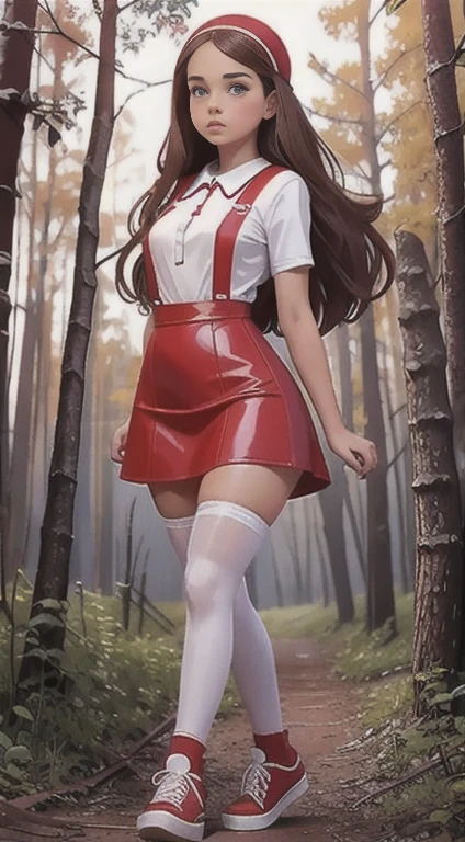   Cute young beautiful curvy schoolgirl Soviet pioneer,  beautiful cute teen face , red leather skater pinafore dress ,  transparent white blouse , brunette long hair,  beautiful eyes. stockings,  Sneakers, Soviet schoolgirl - standing in the woods ,   photorealistic , sad face, curvy figure