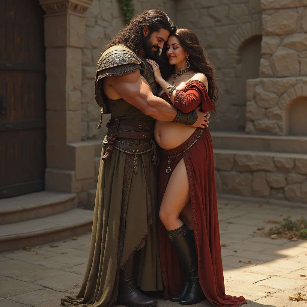 Armenian in 405 A.D, 40 years old Armenian man having daddy facial hair well built muscular but fat like a minatour shirtless, hairy, has big nipples inside lake seven with ruins touching his pregnant roman wife belly 1