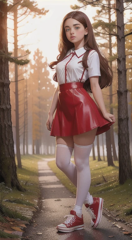   Cute young beautiful curvy schoolgirl Soviet pioneer,  beautiful cute teen face , red leather skater pinafore dress ,  transparent white blouse , brunette long hair,  beautiful eyes. stockings,  Sneakers, Soviet schoolgirl - standing in the woods ,   photorealistic , sad face, curvy figure