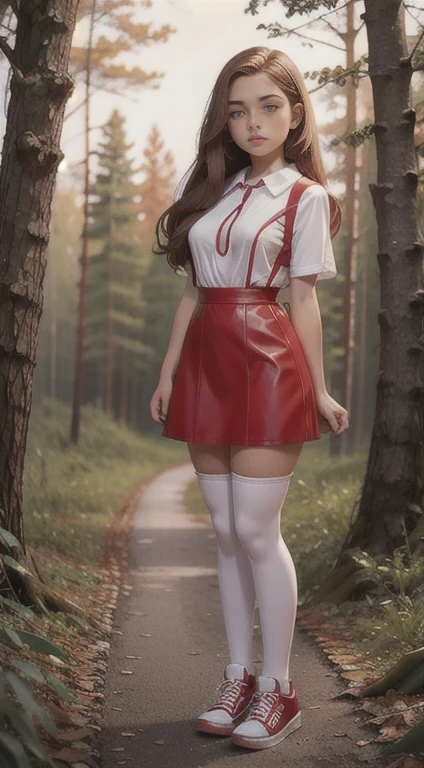   Cute young beautiful curvy schoolgirl Soviet pioneer,  beautiful cute teen face , red leather skater pinafore dress ,  transparent white blouse , brunette long hair,  beautiful eyes. stockings,  Sneakers, Soviet schoolgirl - standing in the woods ,   photorealistic , sad face, curvy figure